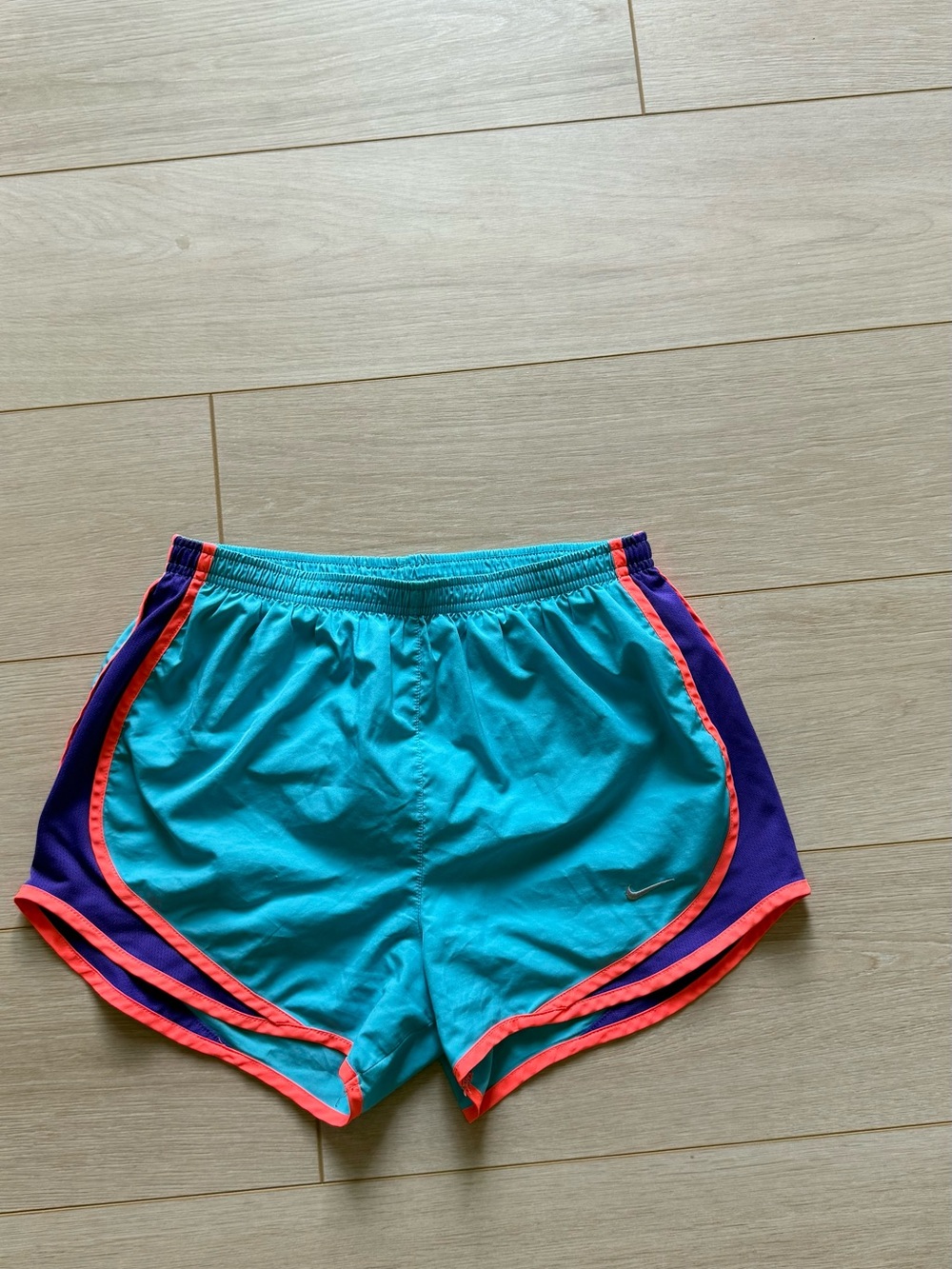 Nike Women's Teal Athletic Shorts with Purple Panels & Coral Trim